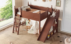 English Elm Twin Loft Bed Solid Pine Frame with Wardrobe Shelving Detachable Slide Kids Room Antique Natural W5305S00025