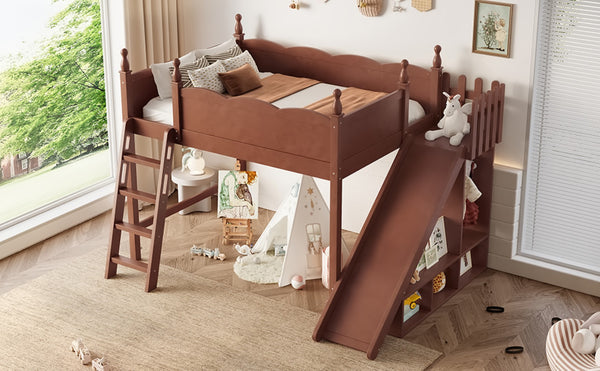 English Elm Twin Loft Bed Solid Pine Frame with Wardrobe Shelving Detachable Slide Kids Room Antique Natural W5305S00025