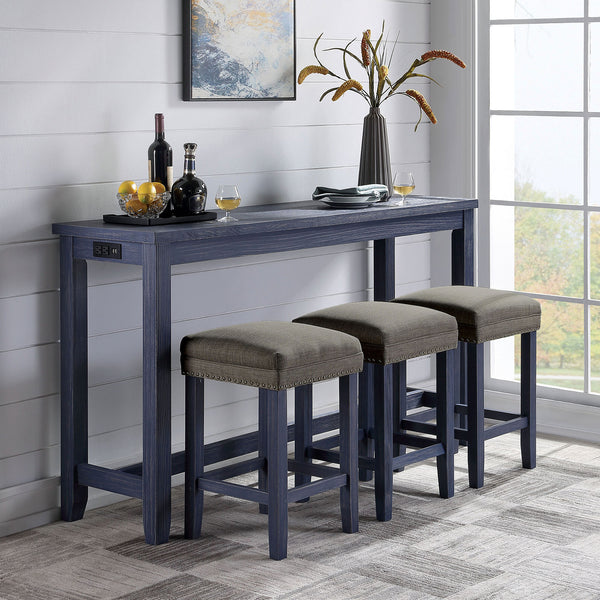 English Elm 4pc Dining Table Set 64"L with 3 Upholstered Stools Nailhead Trim USB Power Outlet Antique Blue B2741P384391
