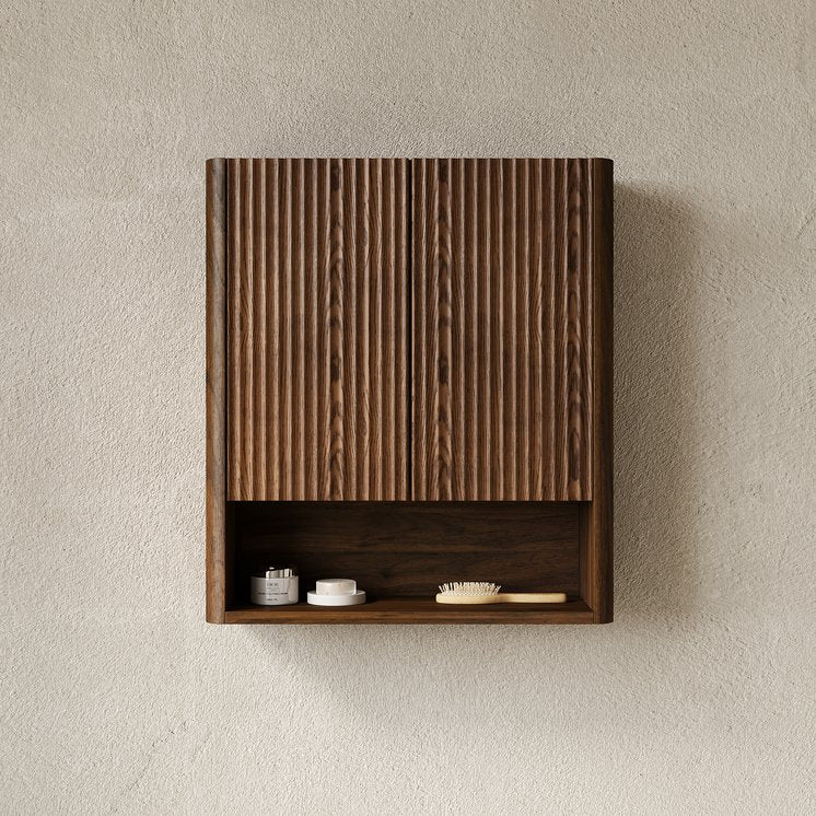 English Elm ZULA Solid Wood Door Over-The-Toilet Cabinet with Soft-Close Doors, Striped Curved Design, 32.7" Dark Walnut W2615P380437