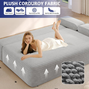 English Elm 78.7" Frameless Convertible Corduroy Sofa Sleeper Queen Bed for Compact Living Spaces Light Grey W3219P427164