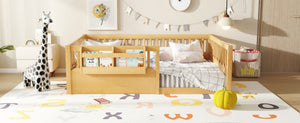 English Elm Twin Low Profile Kids Floor Bed Pine Wood Frame with Safety Rail and Built in Bookshelf Natural W1580P373141