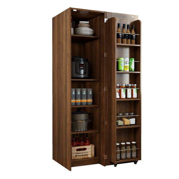 English Elm Kitchen Pantry Cabinet Freestanding Melamine Storage with Shelves for Dining Room Walnut W331P435939