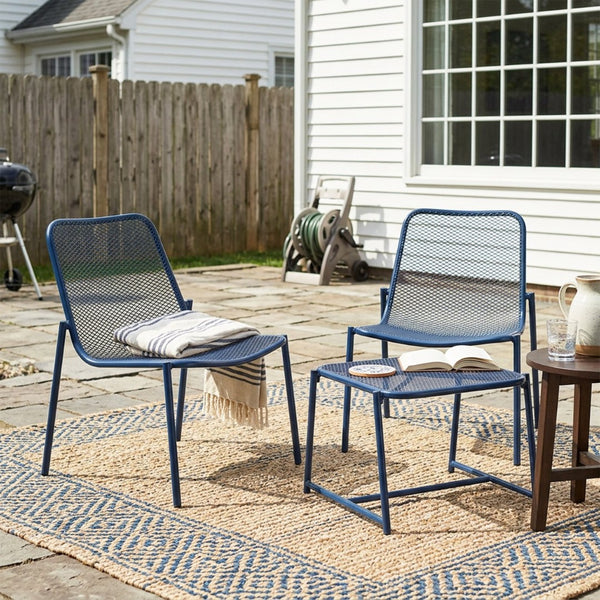 English Elm Kincaid Outdoor Iron Mesh Conversation Set Rust Resistant Patio Chairs with Side Table Navy Blue N775P392159N