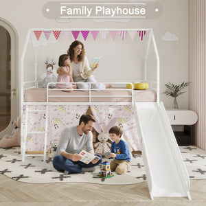 English Elm Jack Twin Loft Bed with Slide, Curtains, Guardrails & Pennant Banner — Safe, Quiet Assembly, Kids' Decor B083P361166