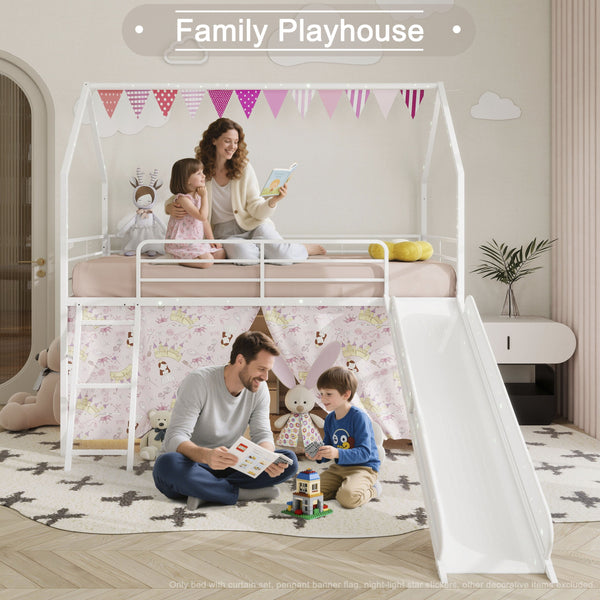 English Elm Jack Twin Loft Bed with Slide, Curtains, Guardrails & Pennant Banner — Safe, Quiet Assembly, Kids' Decor B083P361166