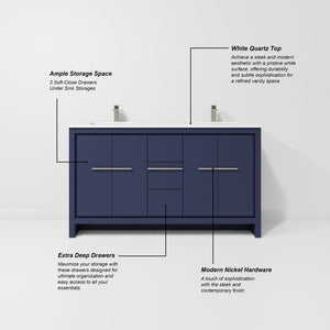 English Elm Navy Double Bath Vanity 60" W With White Quartz Top, Gun Metal Faucet & Ample Storage Solutions B2731P259441