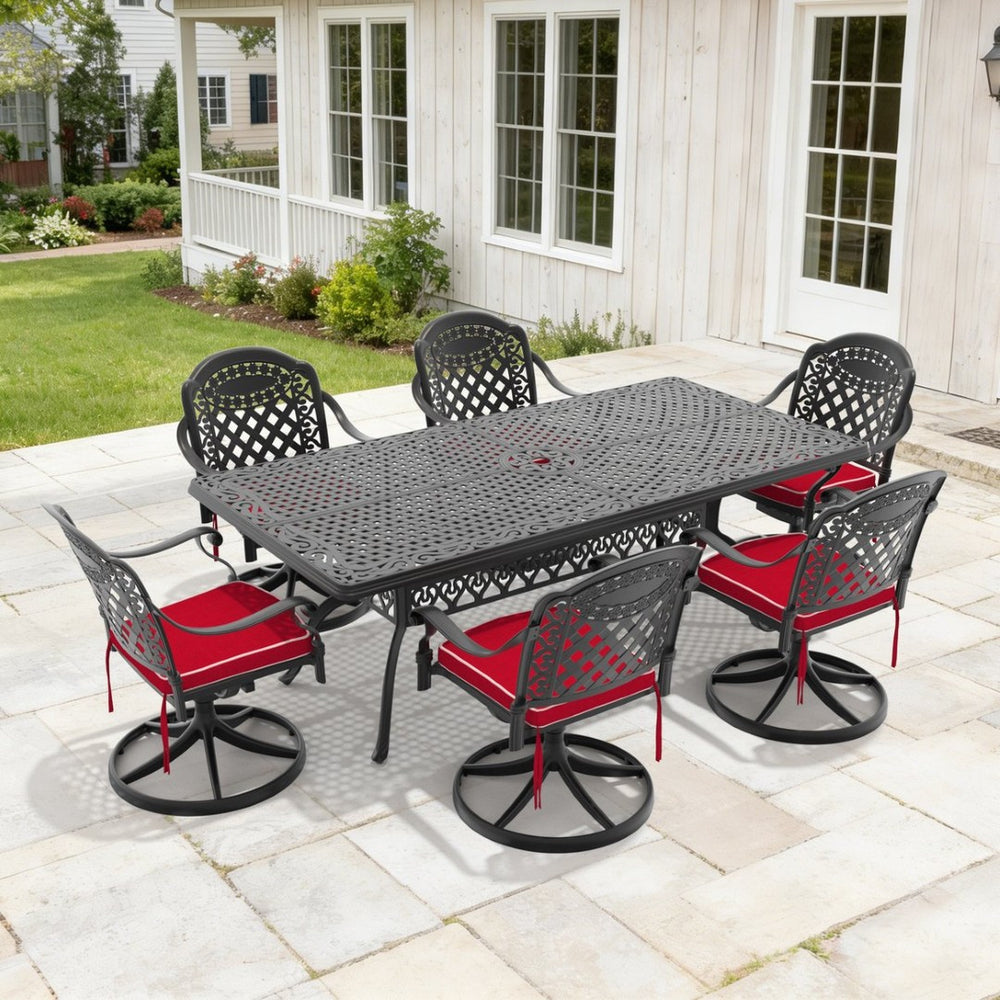English Elm 7-piece Cast Aluminum Outdoor Dining Set with Ornate Swivel Chairs and Rectangular Table W1710S00329