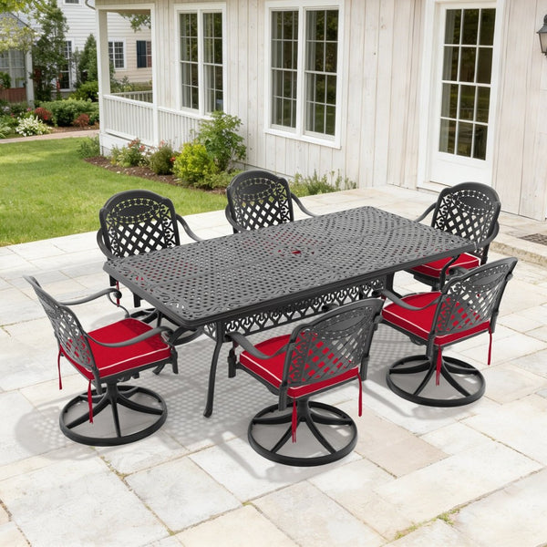 English Elm 7-piece Cast Aluminum Outdoor Dining Set with Ornate Swivel Chairs and Rectangular Table W1710S00329