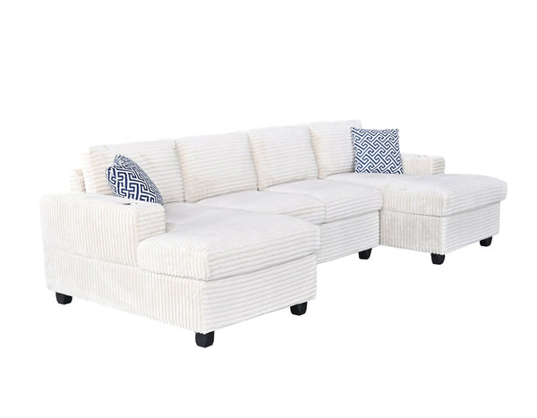 English Elm Multifunctional Corduroy Modular Sectional with Dual Chaise Cup Holders Living Room Beige B2730S00073