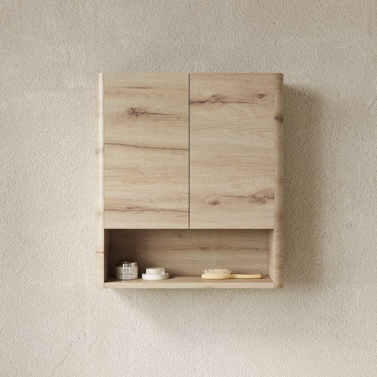 English Elm ZUNO 26" Wall Bathroom Cabinet with Soft-Close Doors, Open Shelf & Water-Resistant Oak Finish W2615P380427