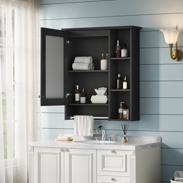 English Elm 3-in-1 Matte Medicine Cabinet Wall Mounted Mirror with Towel Bar and Storage Shelf Black N710P401340B