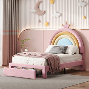 English Elm Twin Velvet Rainbow Bed with Storage Drawer — Pink Upholstered Platform, No Box Spring Needed, Cute N733P234606H