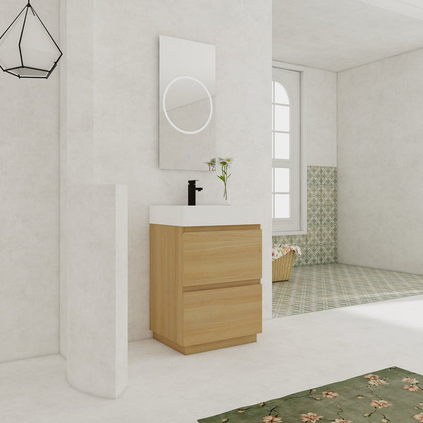 English Elm 24" Modern Bathroom Vanity with Single Undermount Sink, Engineered Wood, Waterproof Finish, 2 Drawers and Pre-Drilled Faucet Hole Oak W1972S00005