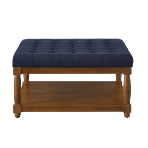 English Elm Large Square Tufted Ottoman with Wood Shelf Upholstered Footrest for Living Room Navy Blue W2186P204185