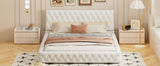 English Elm Queen Size Upholstered Bed With Tufted Headboard, Modern Velvet Platform Bed , No Box Spring Required, White