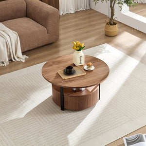 English Elm Round Storage Coffee Table with Drawer Ash Wood Grain Matte Finish Modern Living Room Walnut W2085P384594