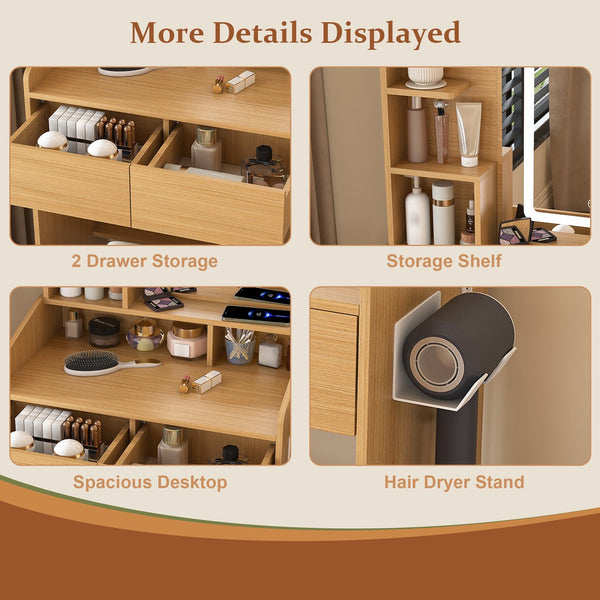 English Elm Vanity compact dressing desk with LED mirror, 3-color dimmable lights, drawers, stool, outlet Wood W2699P345799
