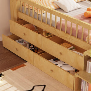 English Elm Low Twin Loft Bed with House-Style Headboard and Built-In LED Lights for Modern Kids' Rooms Natural 42.91 L x 28.35 W x 6.69 H W2593S00007