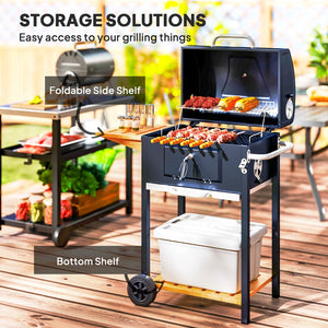 English Elm Outsunny Barrel Charcoal Grill with Side Table Shelf Wheels and Lid Thermometer W2225P485632