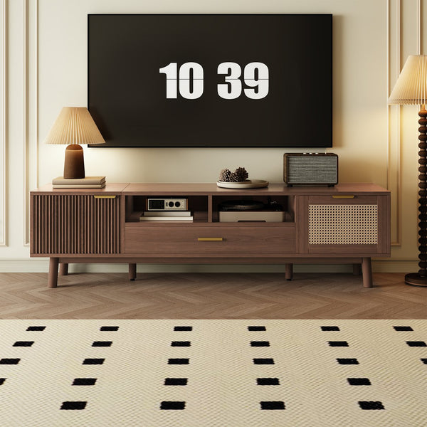 English Elm Wood TV Stand for 75" TVs with Rattan Drawers, Soft-Close Doors, Drop-Down Storage, Waterproof Finish N710P257619P