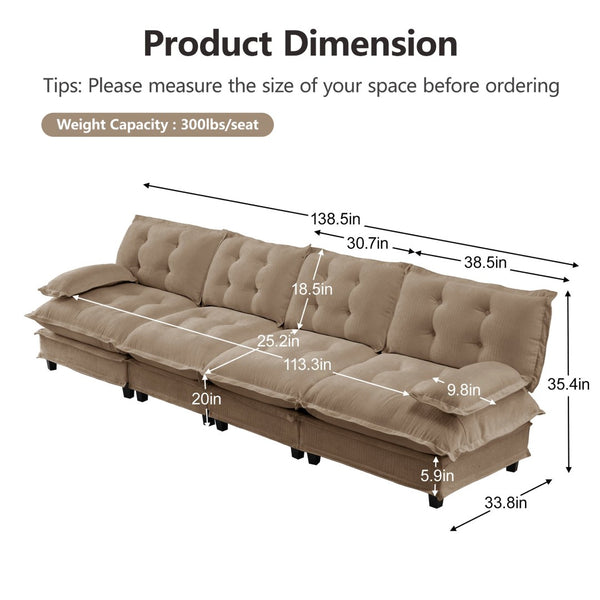 English Elm 138" Modular Cloud Sectional Sofa Deep Seat Chenille Upholstery for Living Room Light Coffee W714S01711