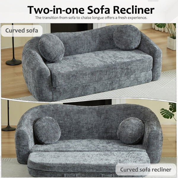 English Elm 86-inch Curved Chenille Convertible Sofa Recliner Frameless Folding Two-seater for Living Room Grey W3505P452818