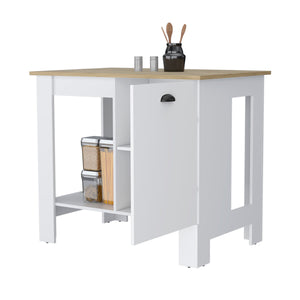 English Elm Lander Kitchen Island with Single Door, Lower Open Shelf, White/Macadamia Finish — Stylish Prep Station B128P148925