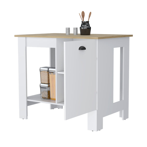 English Elm Lander Kitchen Island with Single Door, Lower Open Shelf, White/Macadamia Finish — Stylish Prep Station B128P148925