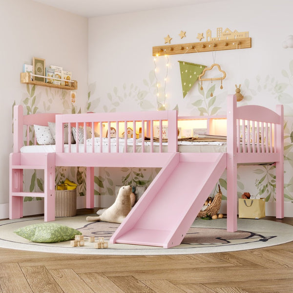 English Elm Twin Xl Solid Pine Loft Bed with Built-in Led Lighting and Storage Shelves Pink W1580S00365