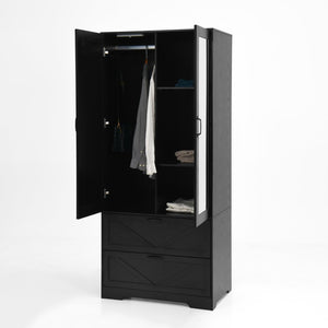 English Elm 2 Door Wardrobe Closet with Full Length Mirror Motion Light Hanging Rod and Drawers Black W409P266778