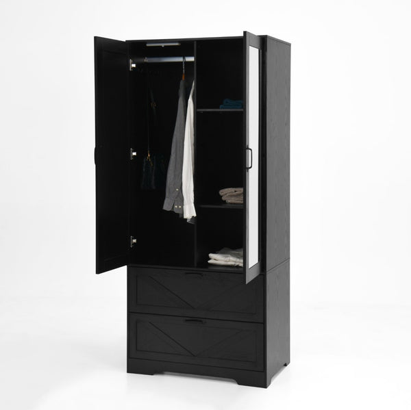 English Elm 2 Door Wardrobe Closet with Full Length Mirror Motion Light Hanging Rod and Drawers Black W409P266778