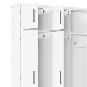English Elm Farmhouse Hall Tree with Triple Arch Back Panel Eight Hooks Drawers and Entryway Bench White N721S000059K-1