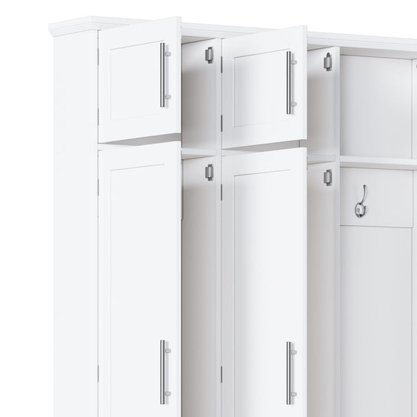English Elm Farmhouse Hall Tree with Triple Arch Back Panel Eight Hooks Drawers and Entryway Bench White N721S000059K-1