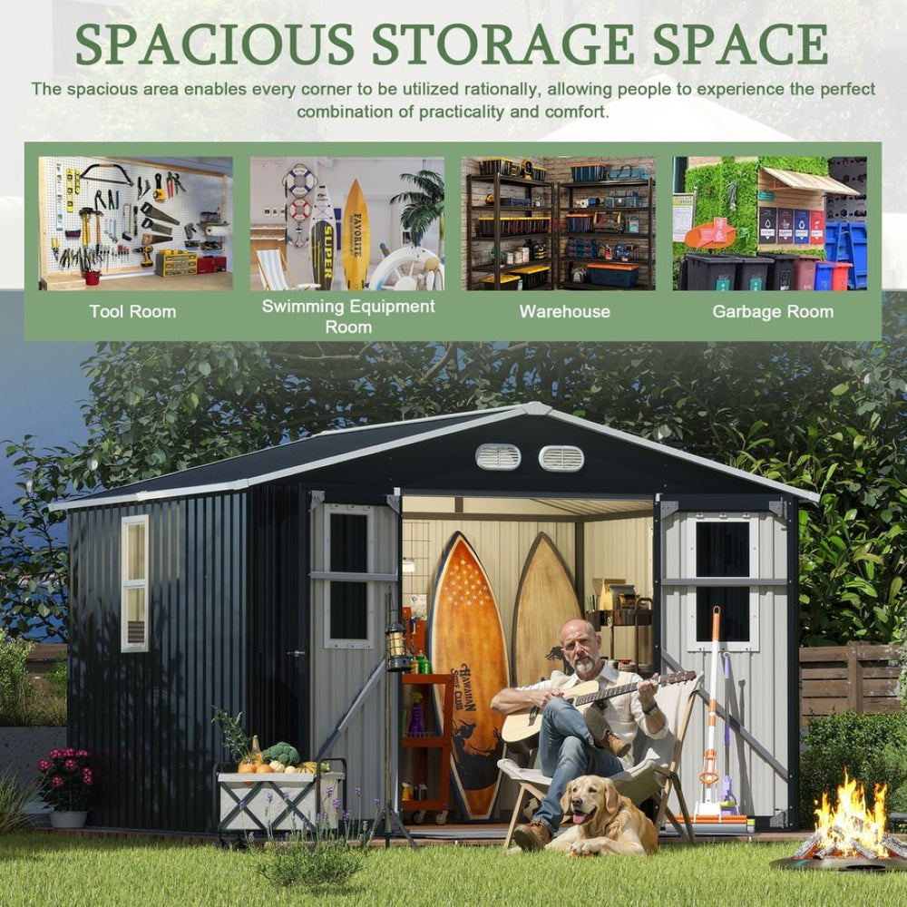 English Elm Outdoor Metal Storage Shed 8x10 with Four Windows Lockable Doors Waterproof Steel W1598S00038