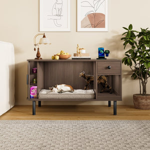 English Elm 37.4" Mdf Cat Litter Enclosure with Tambour Door Walnut Finish and Charging Station N704P380550D