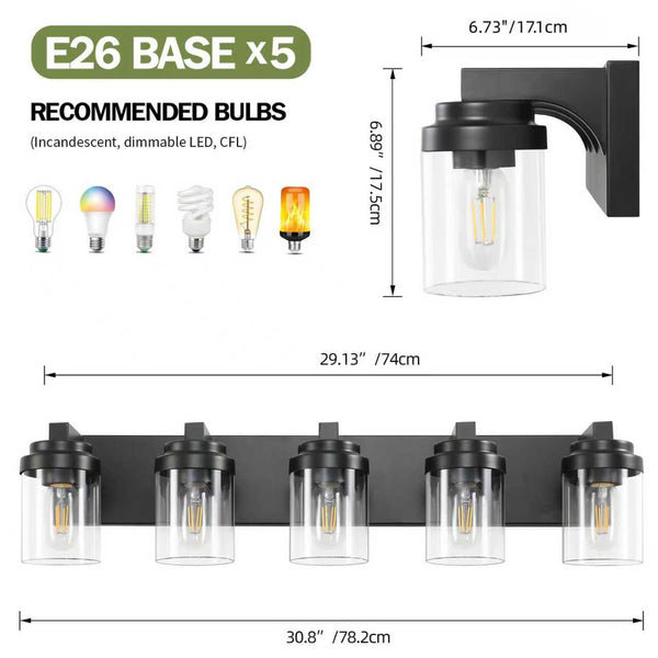English Elm 5-Light Matte Black Farmhouse Vanity Light 31" with Clear Glass Shades, Water-Resistant LED Sconce for Bath W2312P389979