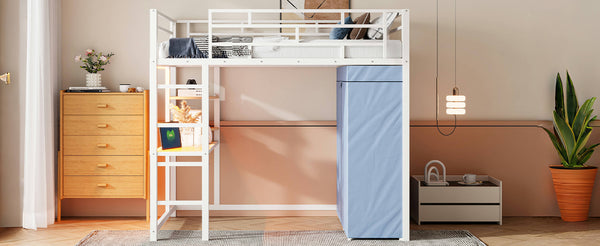 English Elm Twin Loft Bed with Built-In Desk, LED Light Strip, Power Outlet & Fabric Wardrobe for Small Rooms White SF000178AAK