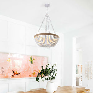 English Elm 22" Bohemian Wood Beaded Pendant Chandelier White+Oak — Soft Ambient Lighting, Durable Iron Craftsmanship W1340P177244