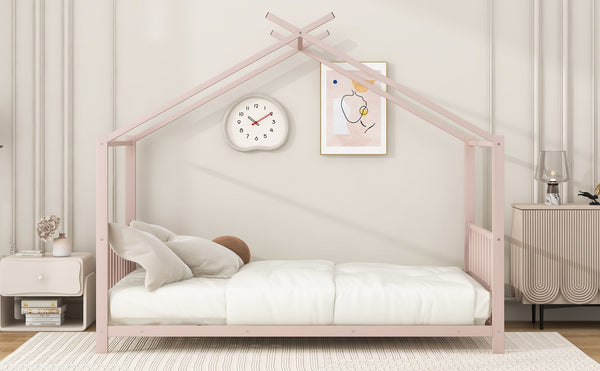 English Elm Twin Metal House Platform Bed with Slat Kit for Kids Sleepovers Sturdy Frame Elegant Silhouette 63.8"H Pink MF322835AAH