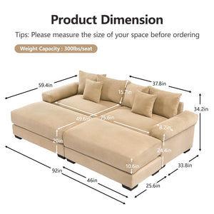 English Elm 92" Oversized Modular Sectional Couch In Soft Camel Corduroy, Deep Seats & Ergonomic Design For Comfort W714S01307