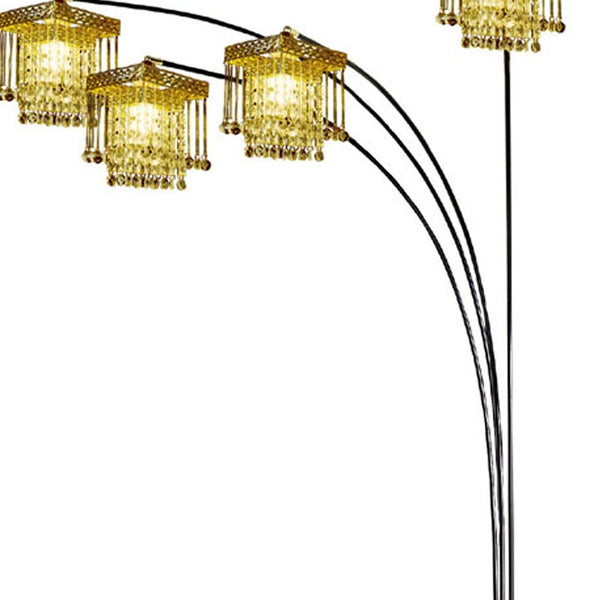 Homeroots 84" Black Four Light Arc Floor Lamp With Clear Crystal Glass Chandelier Shade  Metal 431770