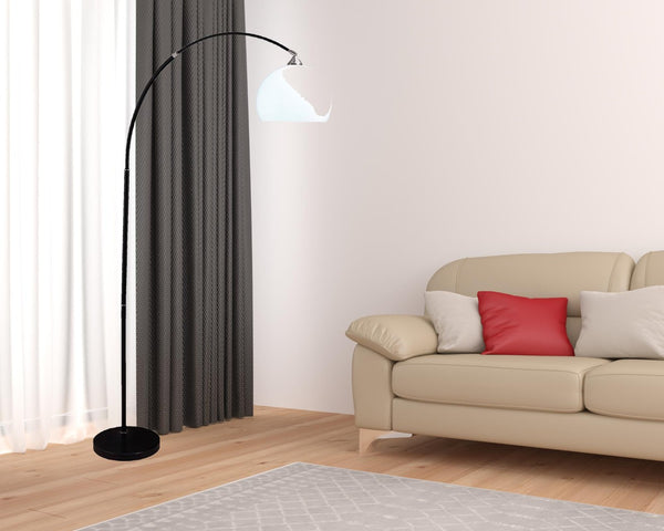 HomeRoots 76" Black Arc Floor Lamp - Elegant White Dome Shade for Cozy Lighting in Living Rooms & Offices 431792
