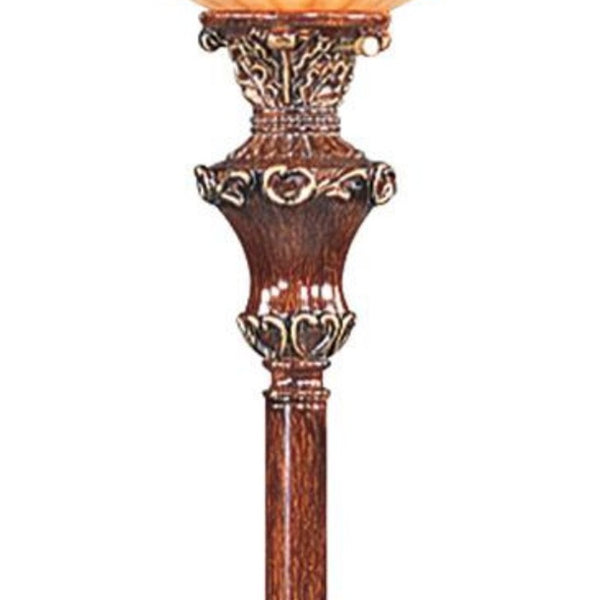 Homeroots 69" Brown Faux Wood Torchiere Floor Lamp With Brown Stained Glass Bell Shade  Metal 431805