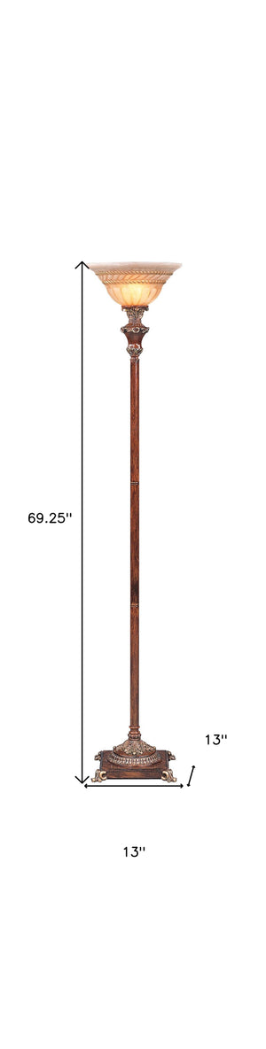 Homeroots 69" Brown Faux Wood Torchiere Floor Lamp With Brown Stained Glass Bell Shade  Metal 431805