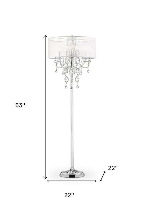 HomeRoots 63" Silver Candelabra Floor Lamp - Elegant White Drum Shade for Modern Living Room & Bedroom Décor 431809