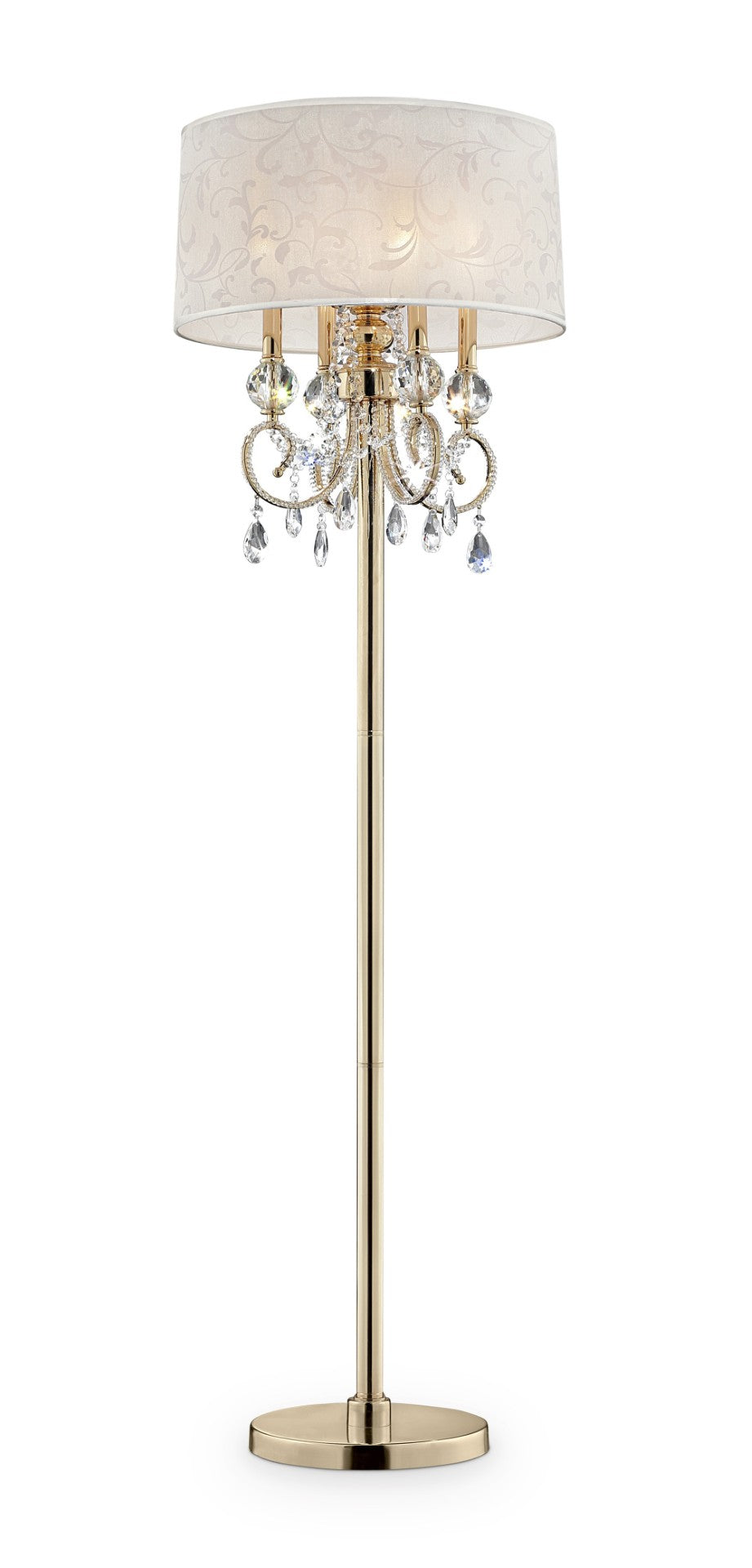 HomeRoots 63" Gold And White Crystal Candelabra Floor Lamp - Elegant Four-Light Design with Fabric Shade 431811