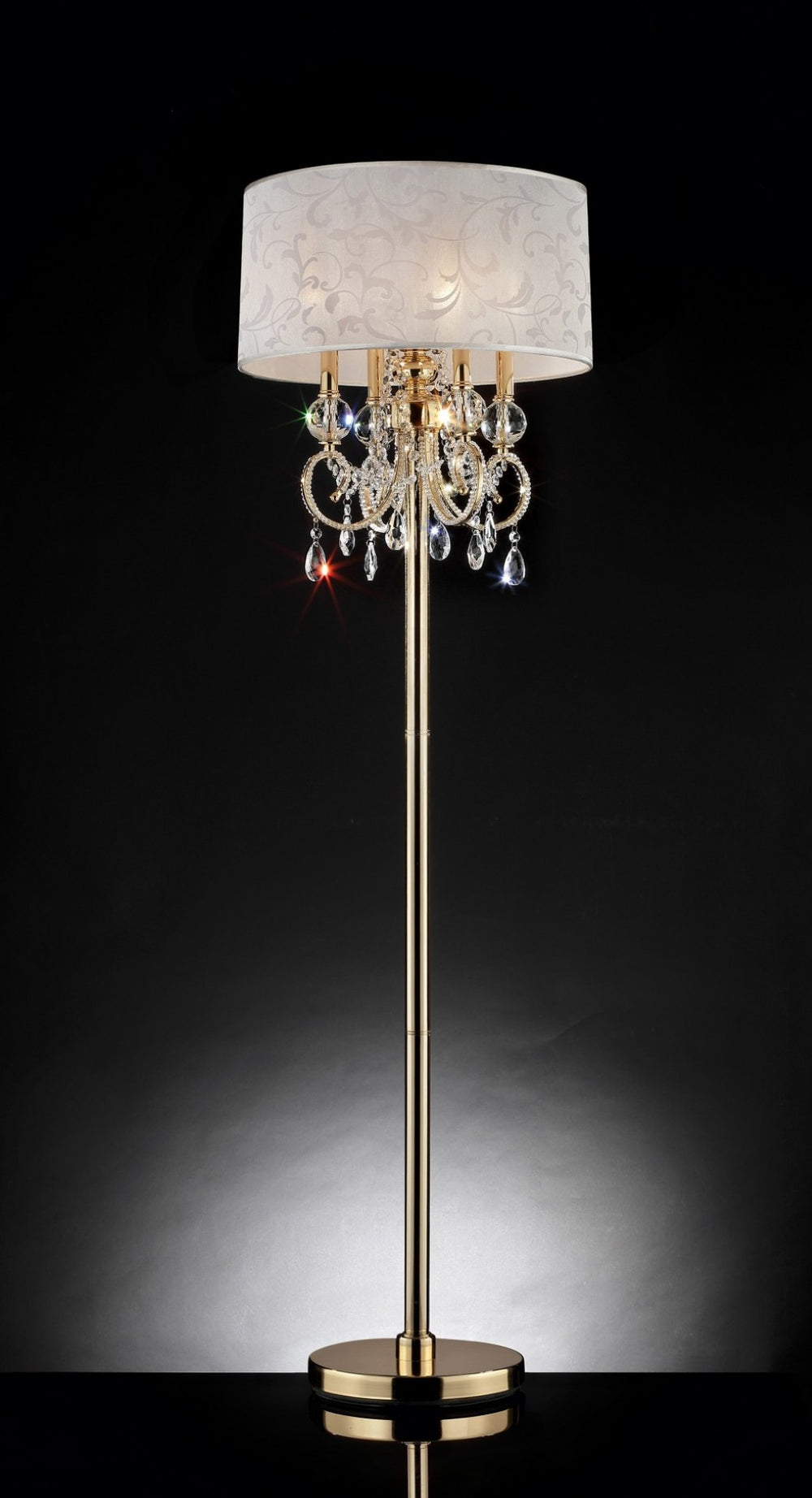 HomeRoots 63" Gold And White Crystal Candelabra Floor Lamp - Elegant Four-Light Design with Fabric Shade 431811