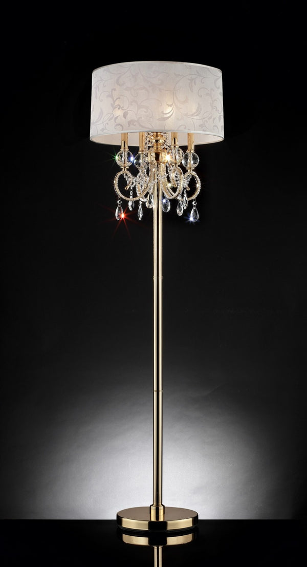 HomeRoots 63" Gold And White Crystal Candelabra Floor Lamp - Elegant Four-Light Design with Fabric Shade 431811