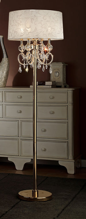 HomeRoots 63" Gold And White Crystal Candelabra Floor Lamp - Elegant Four-Light Design with Fabric Shade 431811
